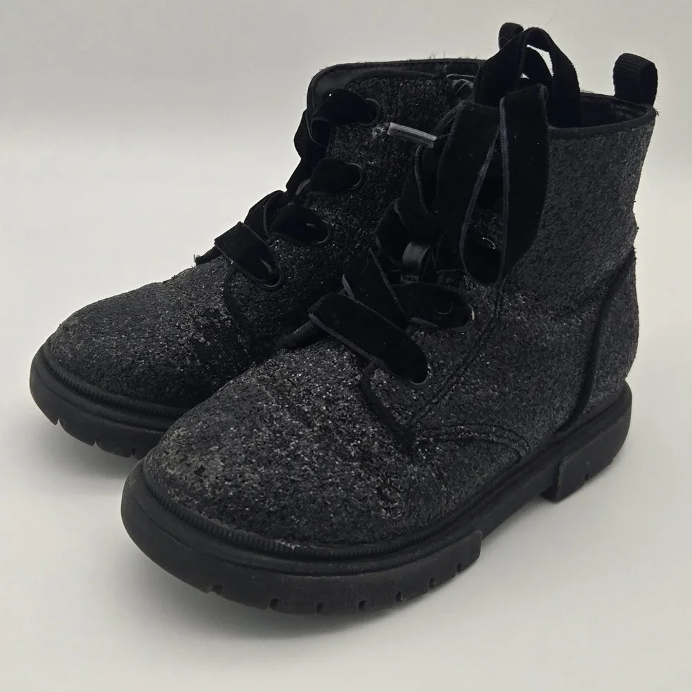 Cat &‎ Jack Girls Black Glitter Combat Boots Side Zip Velvet Laces Size 10